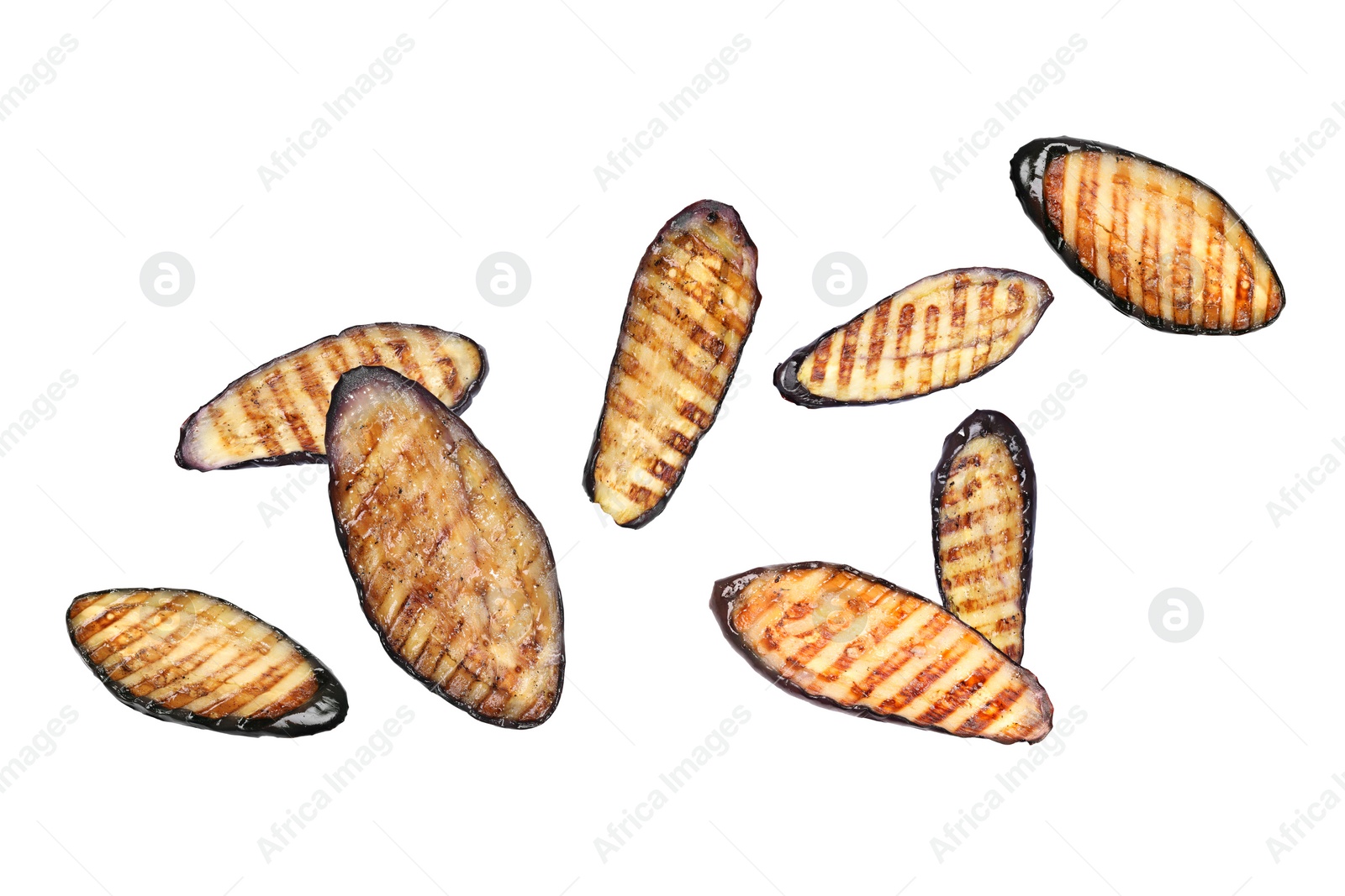 Image of Slices of grilled eggplants in air on white background