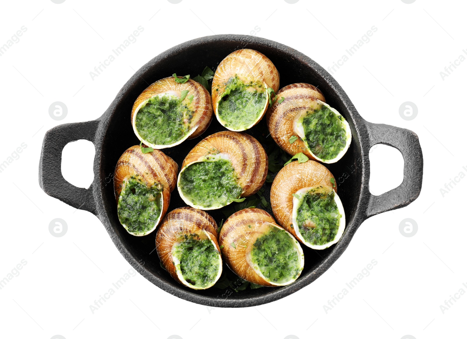 Photo of Delicious cooked snails in baking dish isolated on white, top view