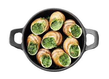Photo of Delicious cooked snails in baking dish isolated on white, top view