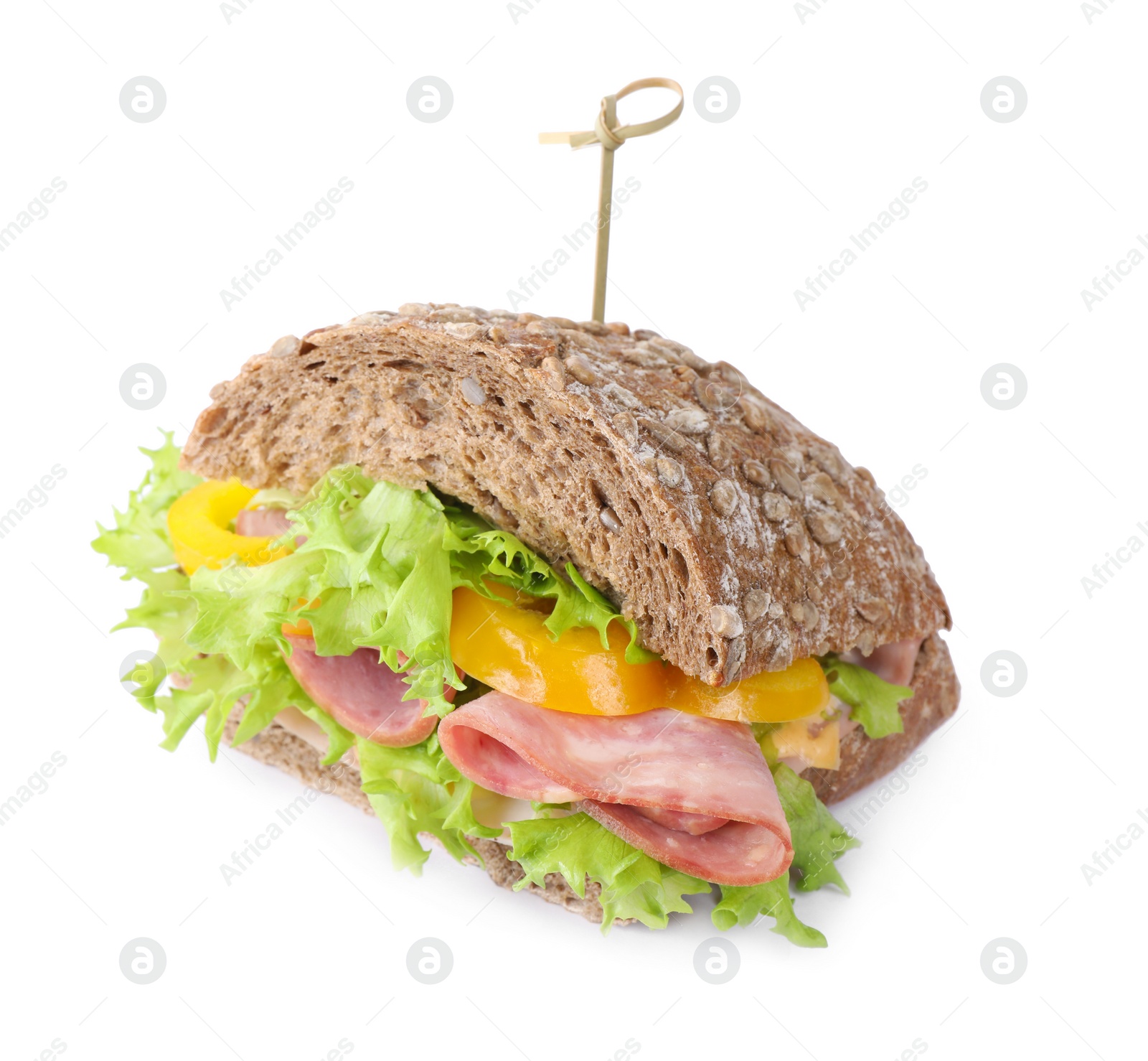 Photo of Tasty sandwich with ham isolated on white