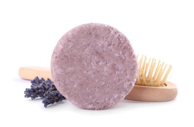 Photo of Solid shampoo bar and lavender flowers on white background. Hair care