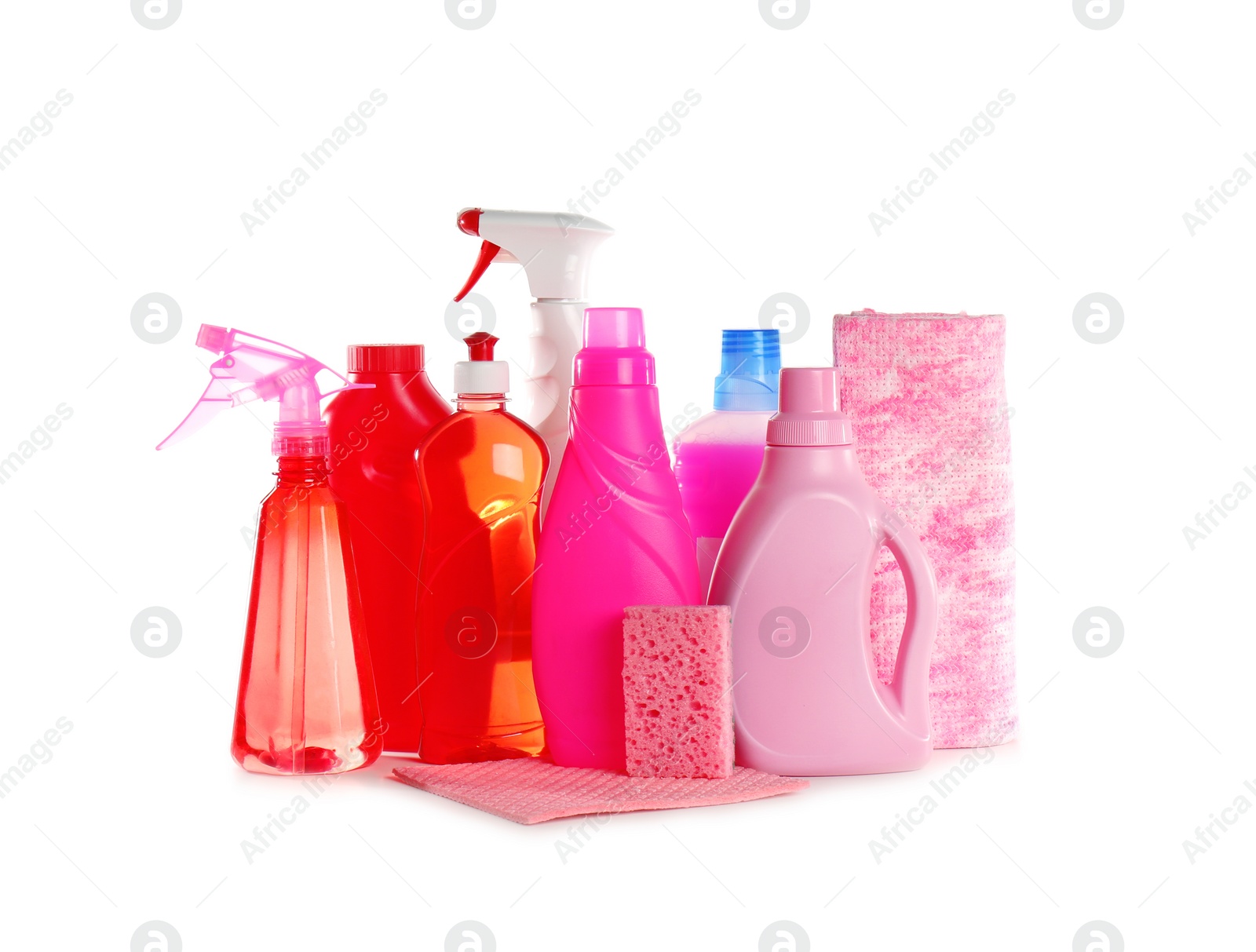 Photo of Set of cleaning supplies on white background