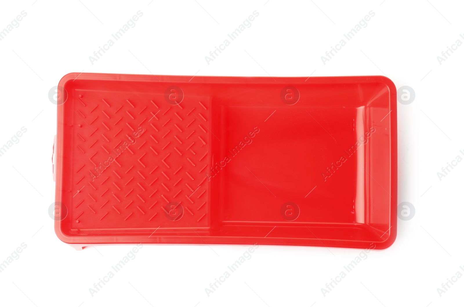 Photo of Empty plastic paint tray on white background, top view