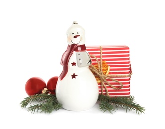 Photo of Christmas composition with decorative snowman on white background