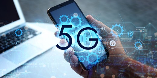 Image of Man using smartphone with 5G network system, closeup. Banner design