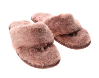 Photo of Pair of stylish soft slippers on white background