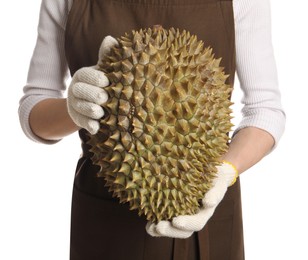 Woman in gloves holding fresh ripe durian on white background, closeup