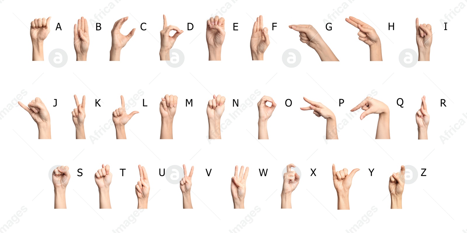 Image of Sign language alphabet. Hand gestures and corresponding letters on white background