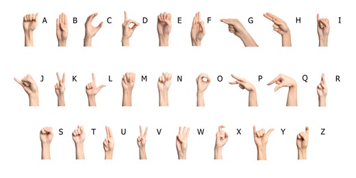 Image of Sign language alphabet. Hand gestures and corresponding letters on white background