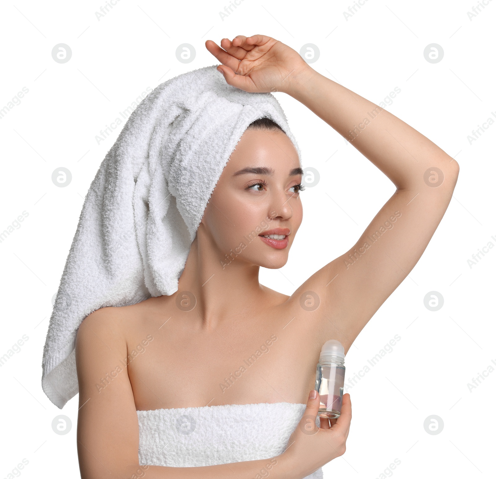 Photo of Beautiful woman applying deodorant on white background