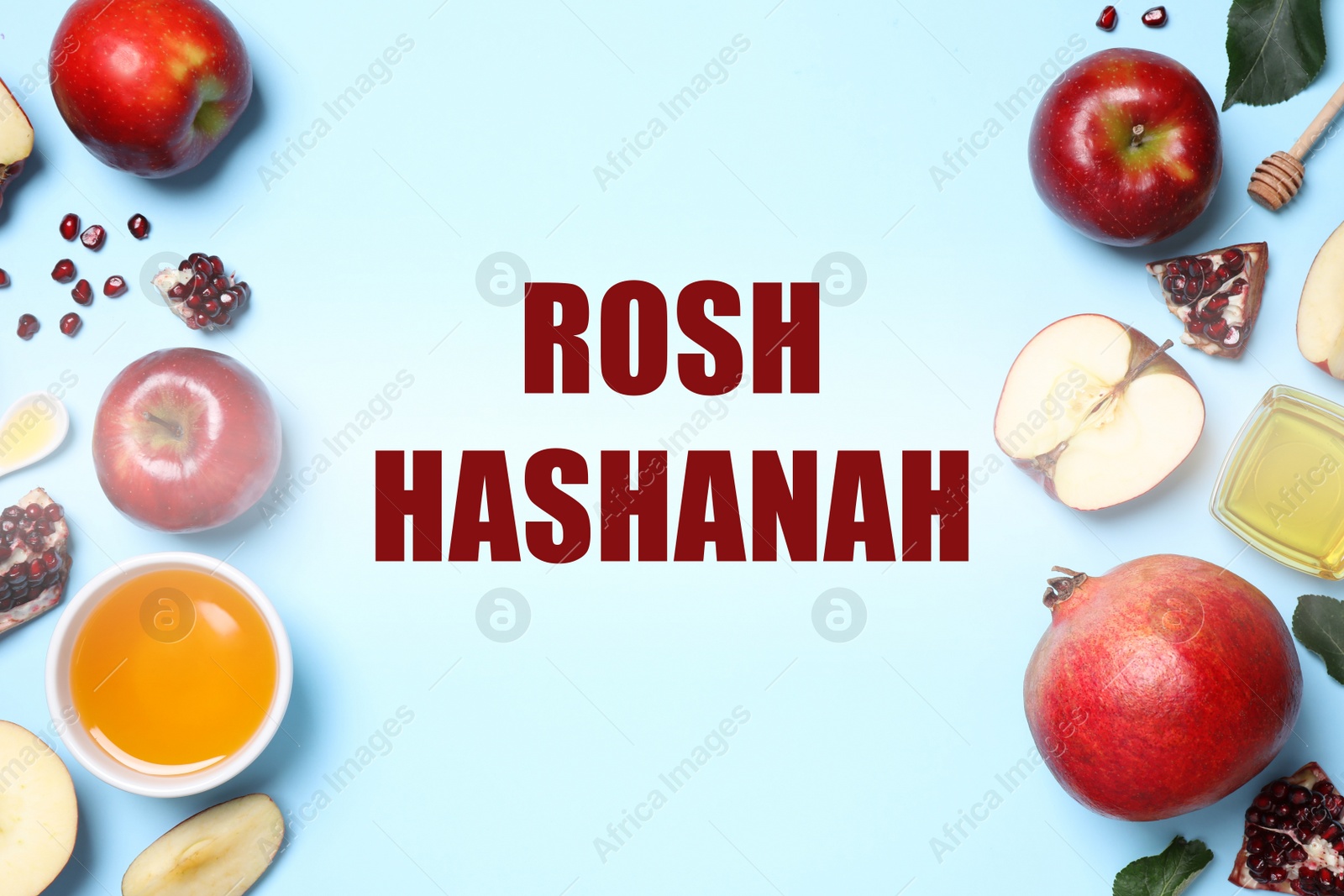 Image of Honey, apples and pomegranates on light blue background, flat lay. Rosh Hashanah holiday