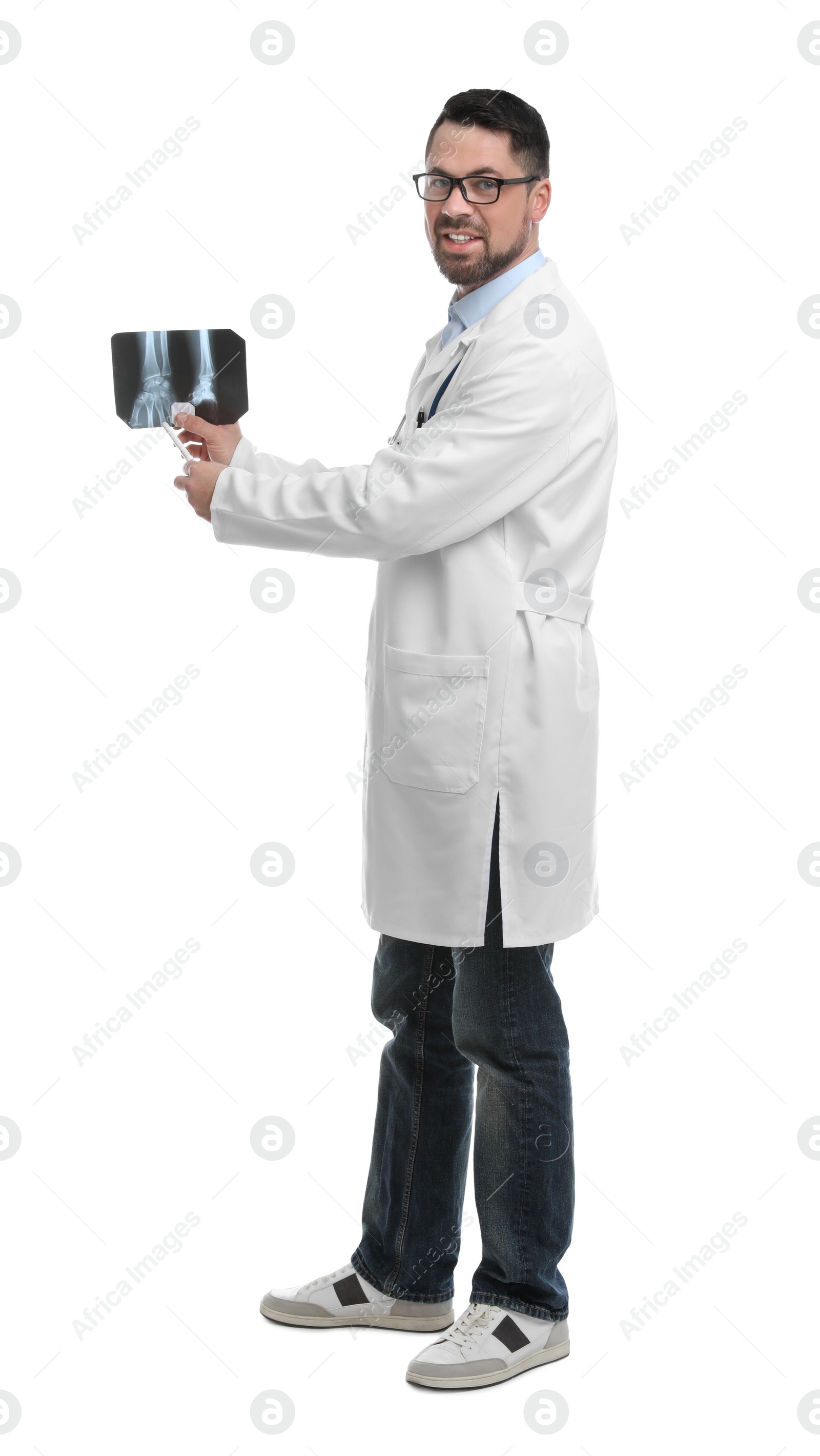 Photo of Orthopedist holding X-ray picture on white background