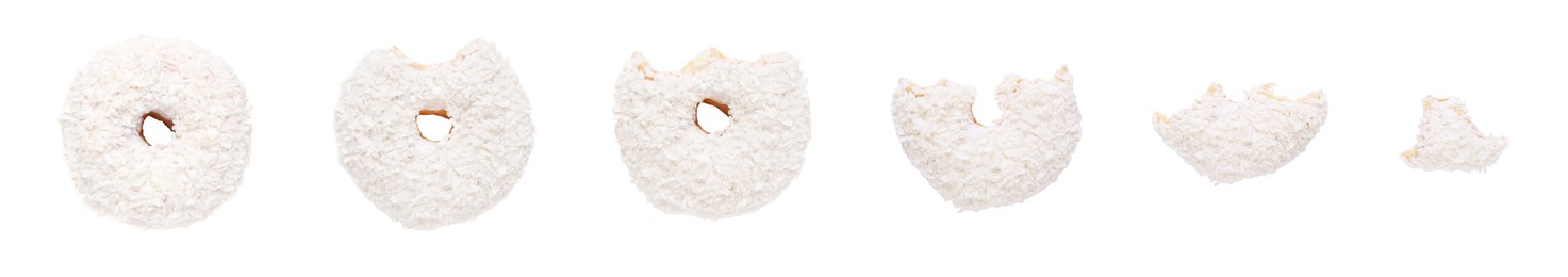 Eating tasty donut. Collage with pieces of dessert isolated on white