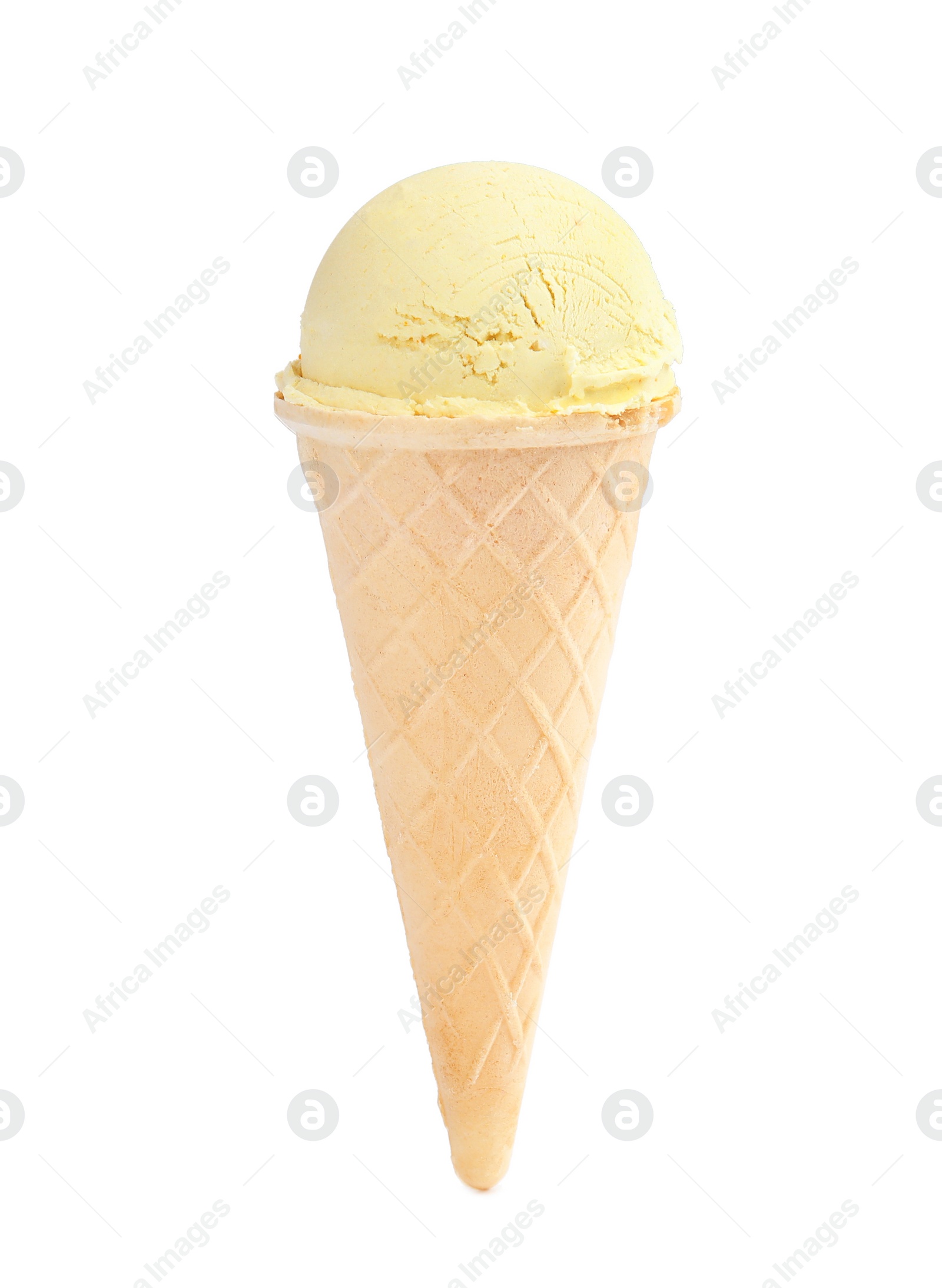 Photo of Delicious vanilla ice cream in waffle cone on white background