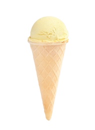 Photo of Delicious vanilla ice cream in waffle cone on white background