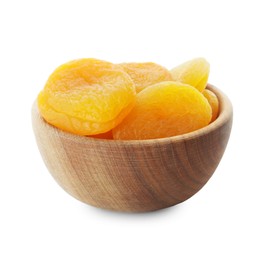 Photo of Wooden bowl with tasty dried apricots isolated on white