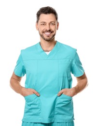 Photo of Doctor or medical assistant (male nurse) in uniform on white background