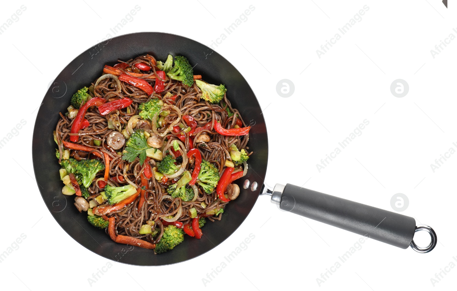 Photo of Stir-fry. Tasty noodles with meat and vegetables in wok isolated on white, top view