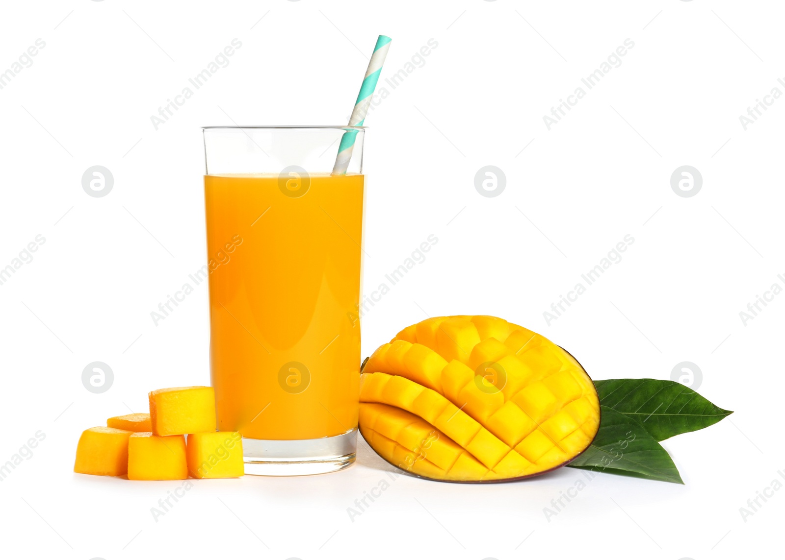 Photo of Fresh tropical mango juice and fruit, isolated on white