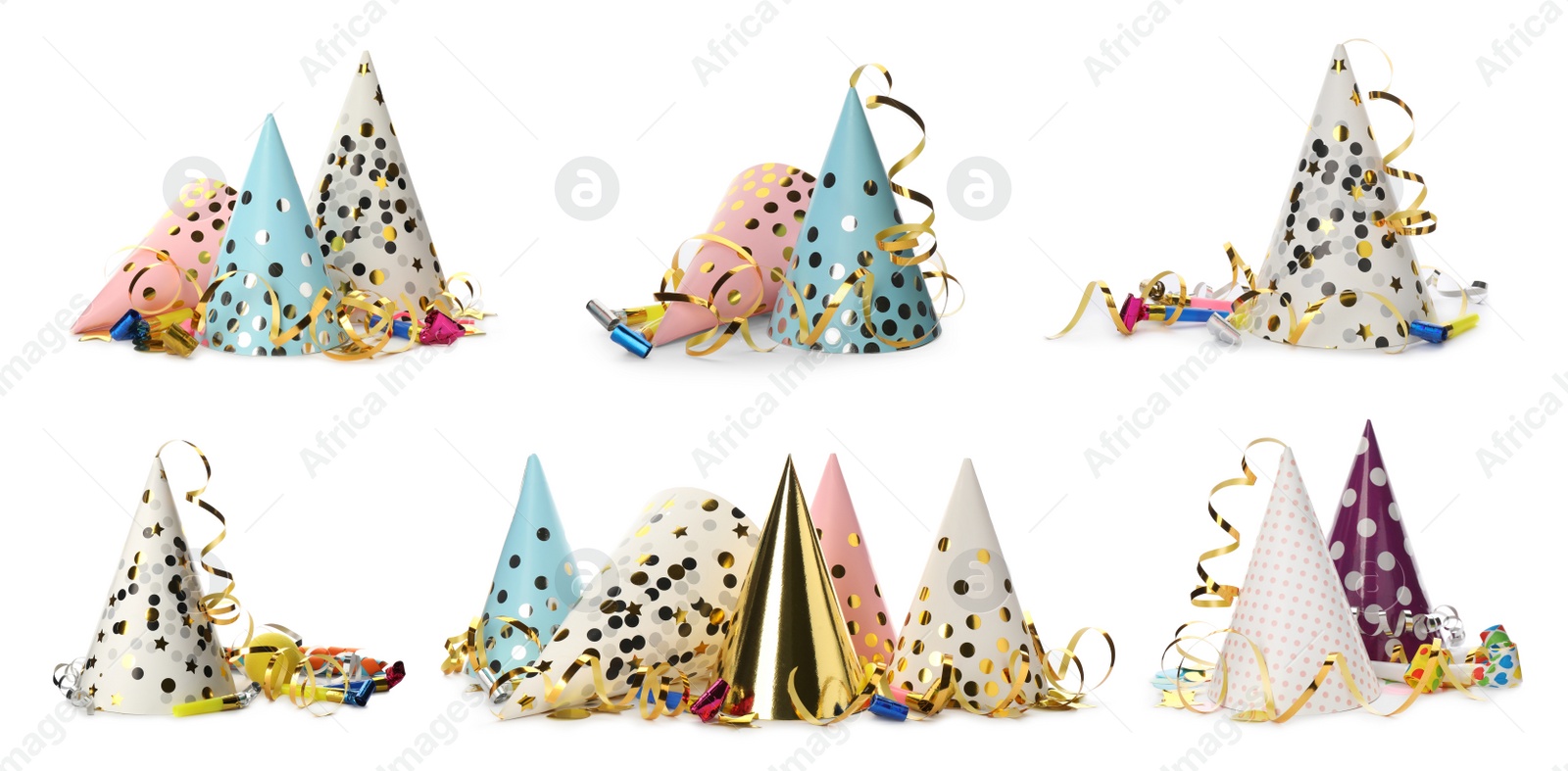 Image of Set with colorful party hats, blowers and streamers on white background. Banner design