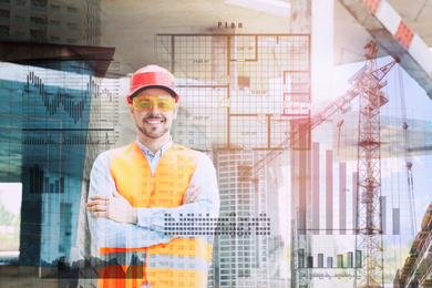 Image of Multiple exposure of male industrial engineer in uniform, scheme and construction 