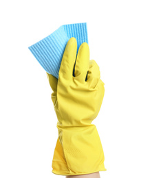 Photo of Person in rubber glove with rag on white background, closeup of hand