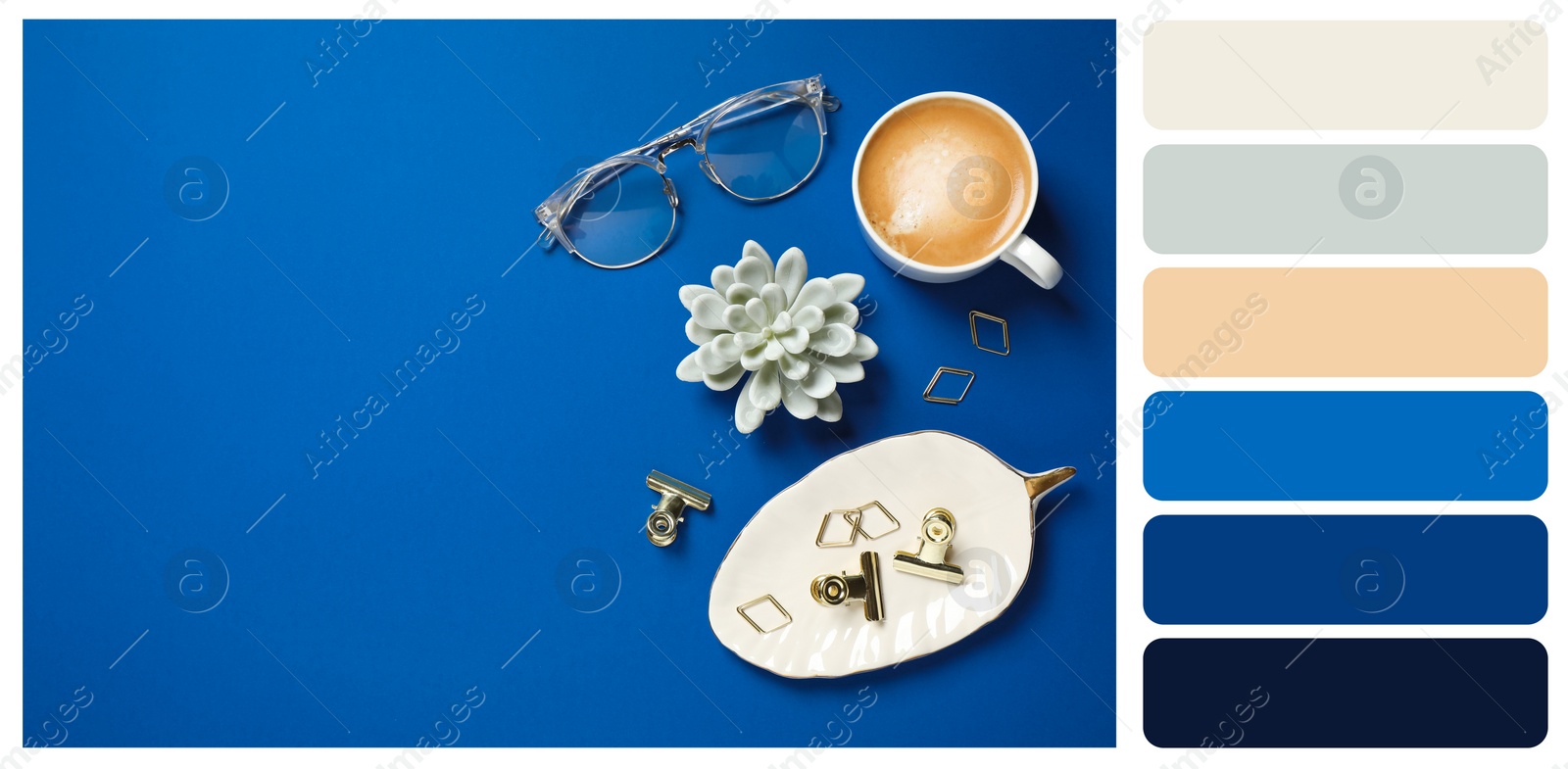 Image of Flat lay composition inspired by color of the year 2020 (Classic blue) on bright background