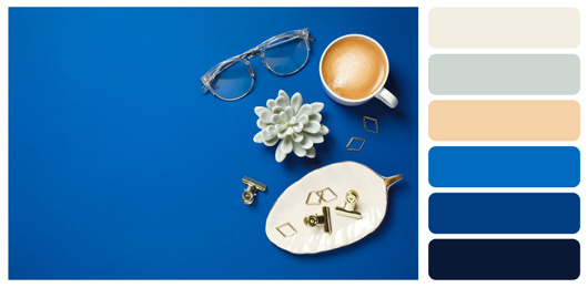 Flat lay composition inspired by color of the year 2020 (Classic blue) on bright background