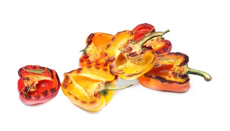 Photo of Tasty grilled bell peppers and rosemary isolated on white