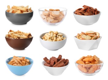 Set with different delicious crispy rusks on white background