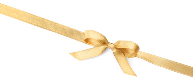 Photo of Golden satin ribbon with bow on white background, top view