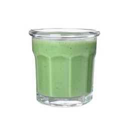 Photo of Tasty fresh green smoothie in glass on white background