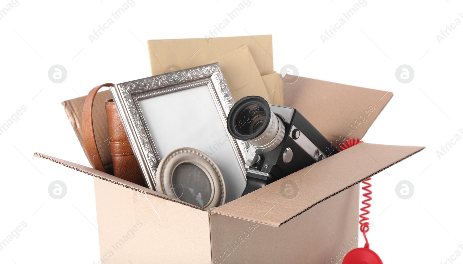 Photo of Box with unwanted stuff isolated on white