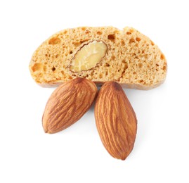 Slice of tasty cantucci and nuts on white background, top view. Traditional Italian almond biscuits