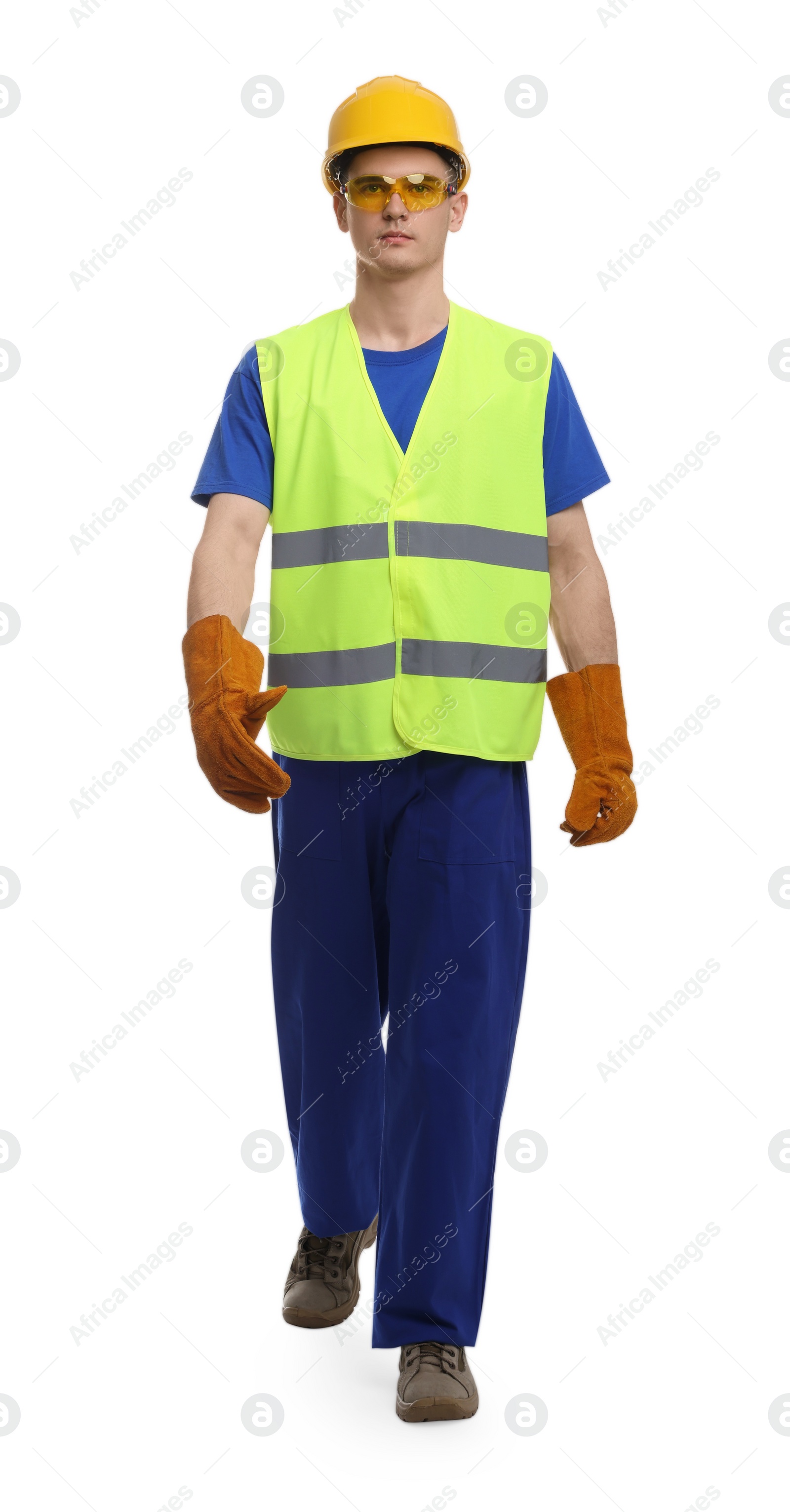 Photo of Young man wearing safety equipment on white background