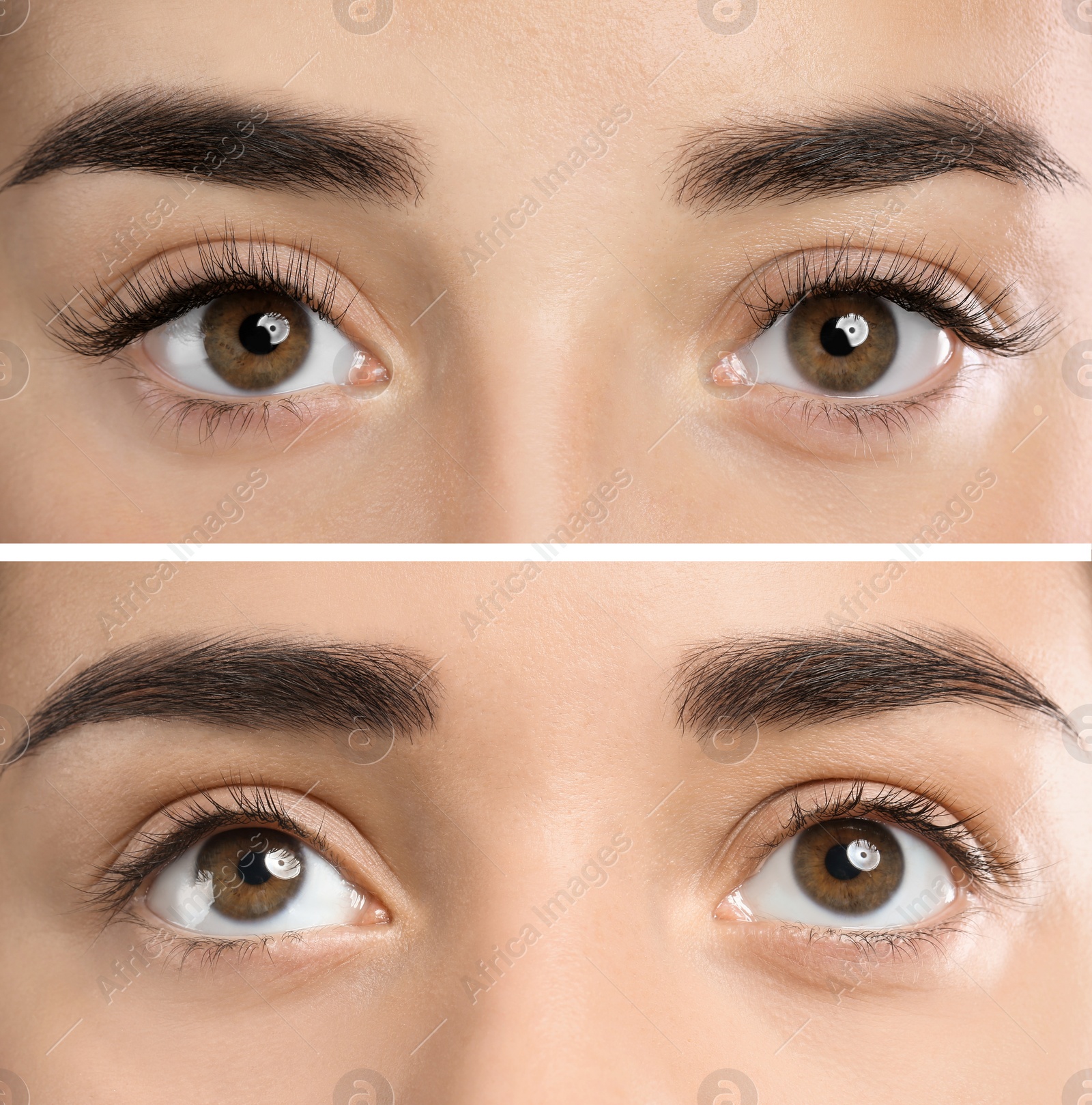 Image of Collage with photos of young woman before and after eyelash extension procedure, closeup