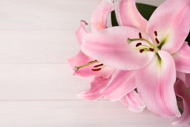 Beautiful pink lily flowers on white wooden table, closeup. Space for text