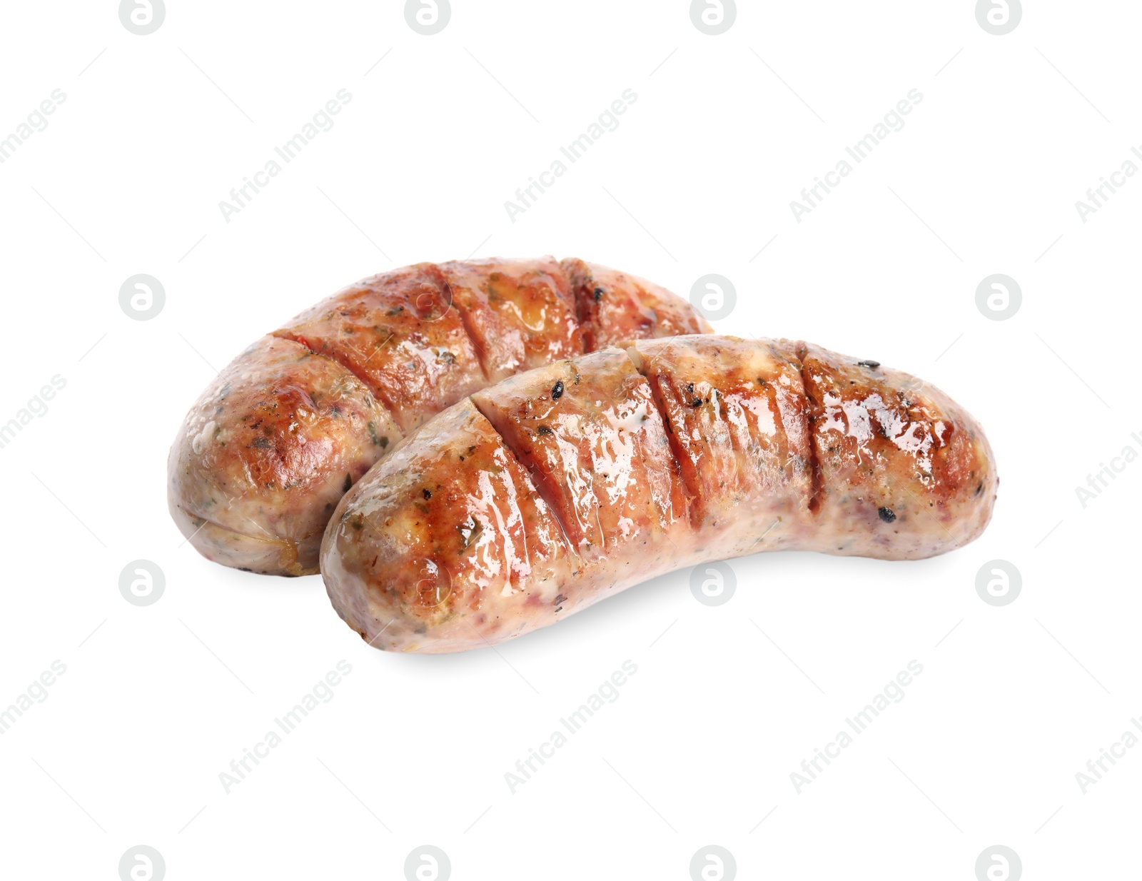 Photo of Tasty fresh grilled sausages isolated on white