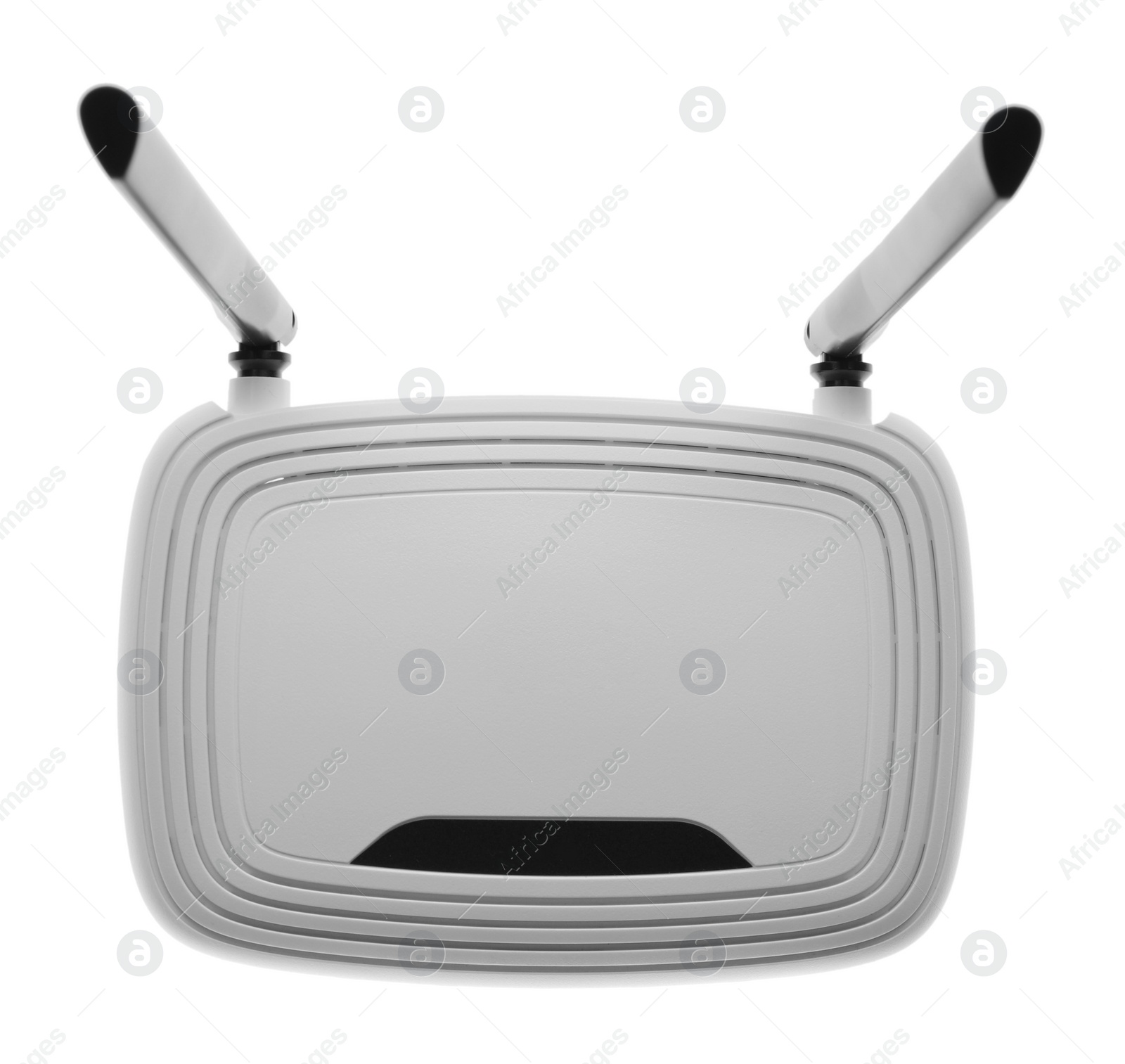 Photo of Modern Wi-Fi router on white background, top view