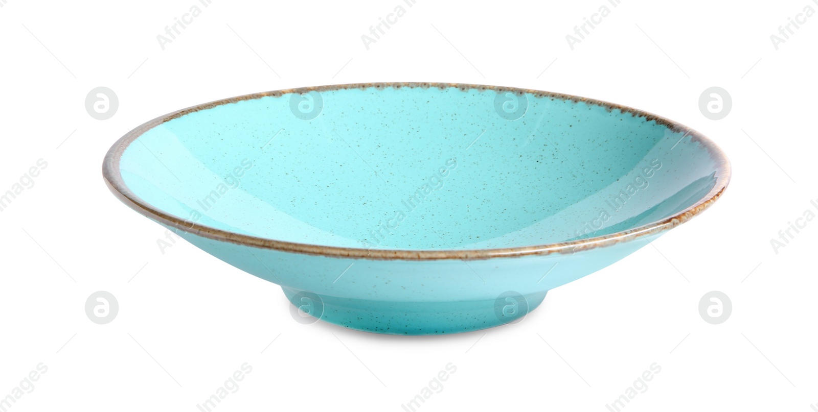 Photo of One turquoise ceramic plate isolated on white