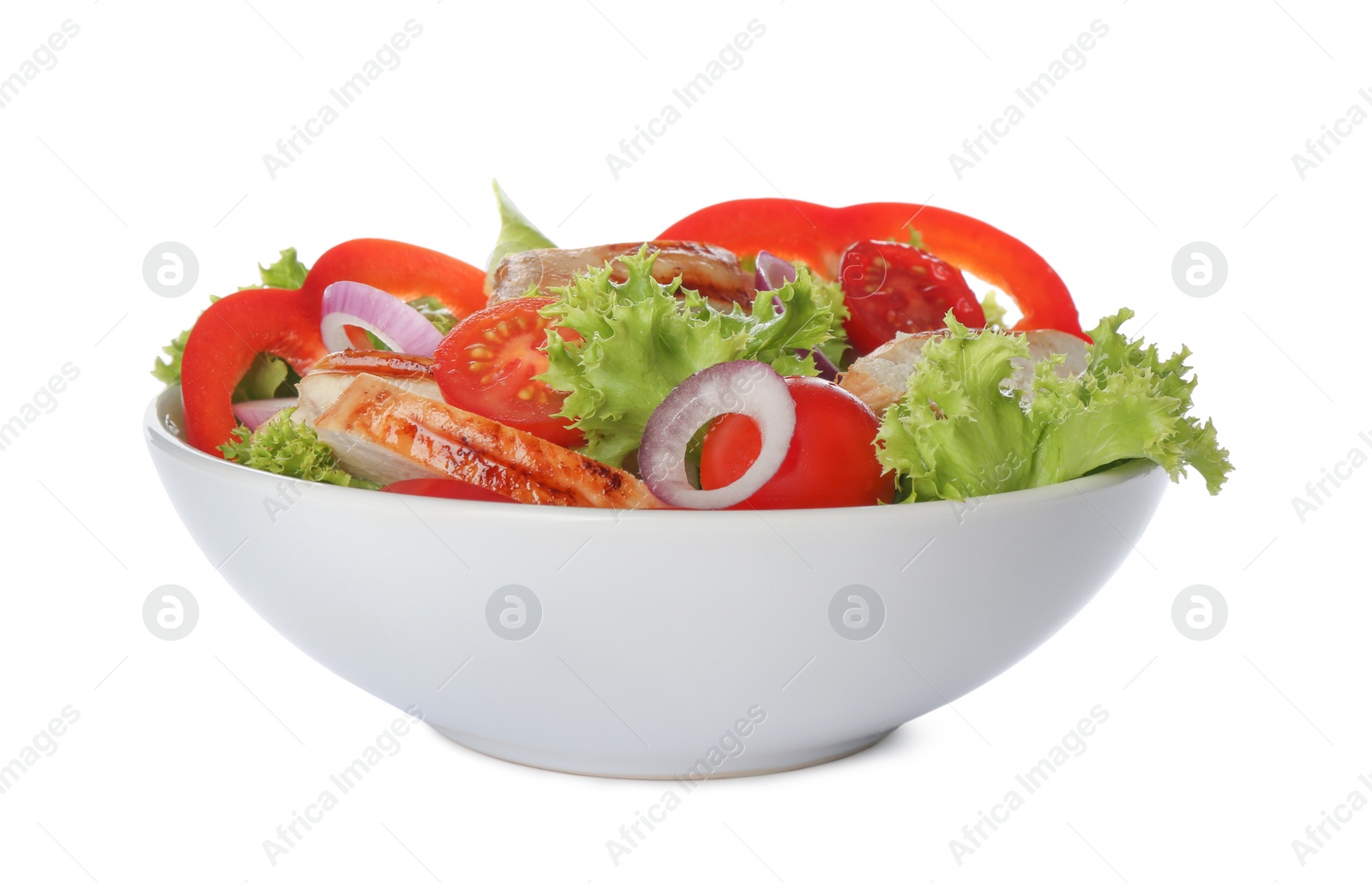 Photo of Delicious salad with chicken and vegetables in bowl isolated on white