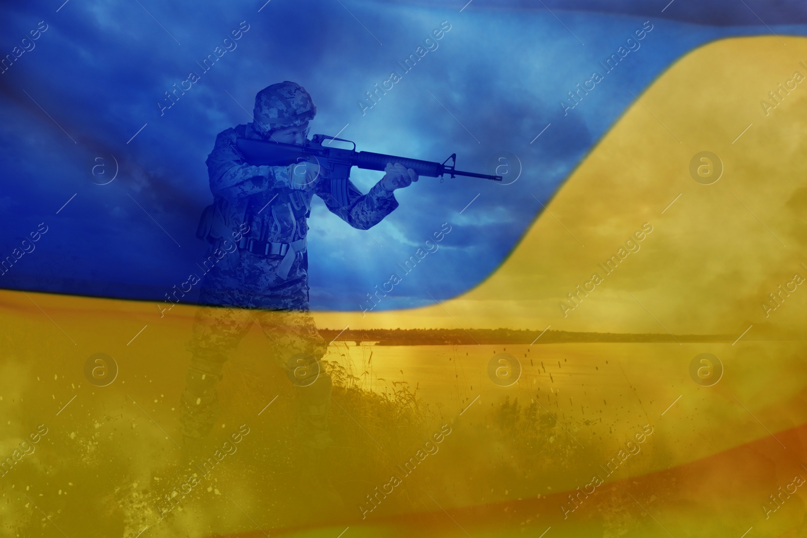 Image of Silhouette of soldier and Ukrainian national flag, double exposure