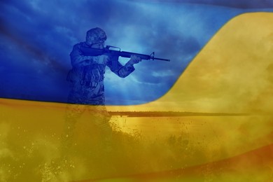Image of Silhouette of soldier and Ukrainian national flag, double exposure