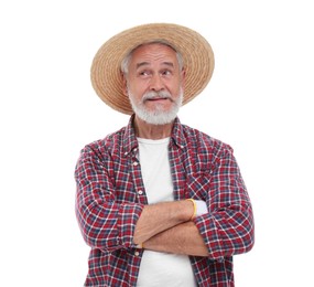 Photo of Harvesting season. Farmer with crossed arms on white background