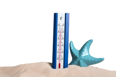 Photo of Weather thermometer and sea star in sand against white background. Space for text