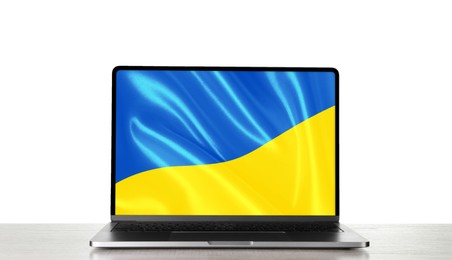 Modern laptop with picture of Ukrainian national flag on screen against white background