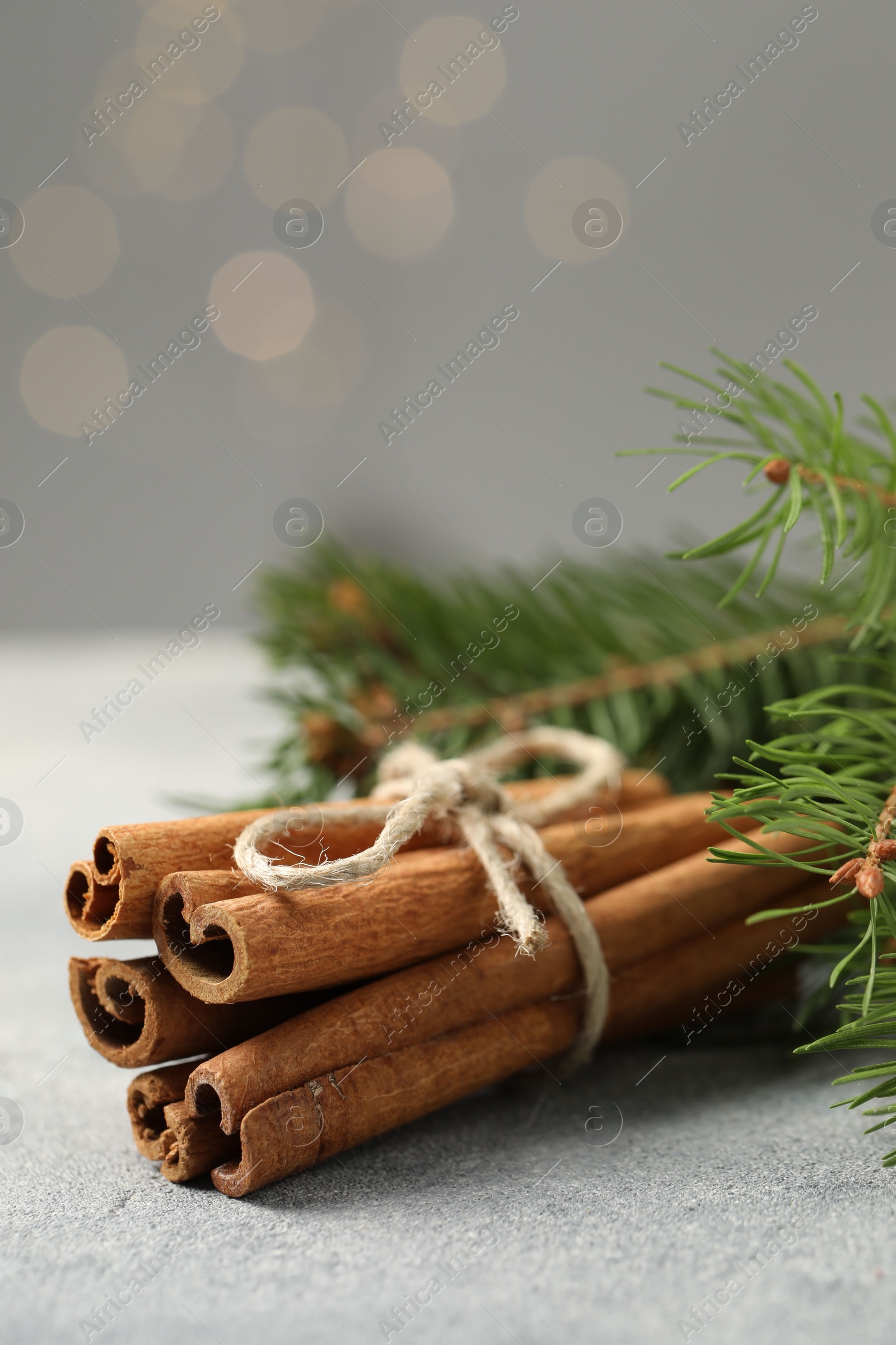 Photo of Bunch of cinnamon sticks and fir branches on grey textured table, closeup. Space for text