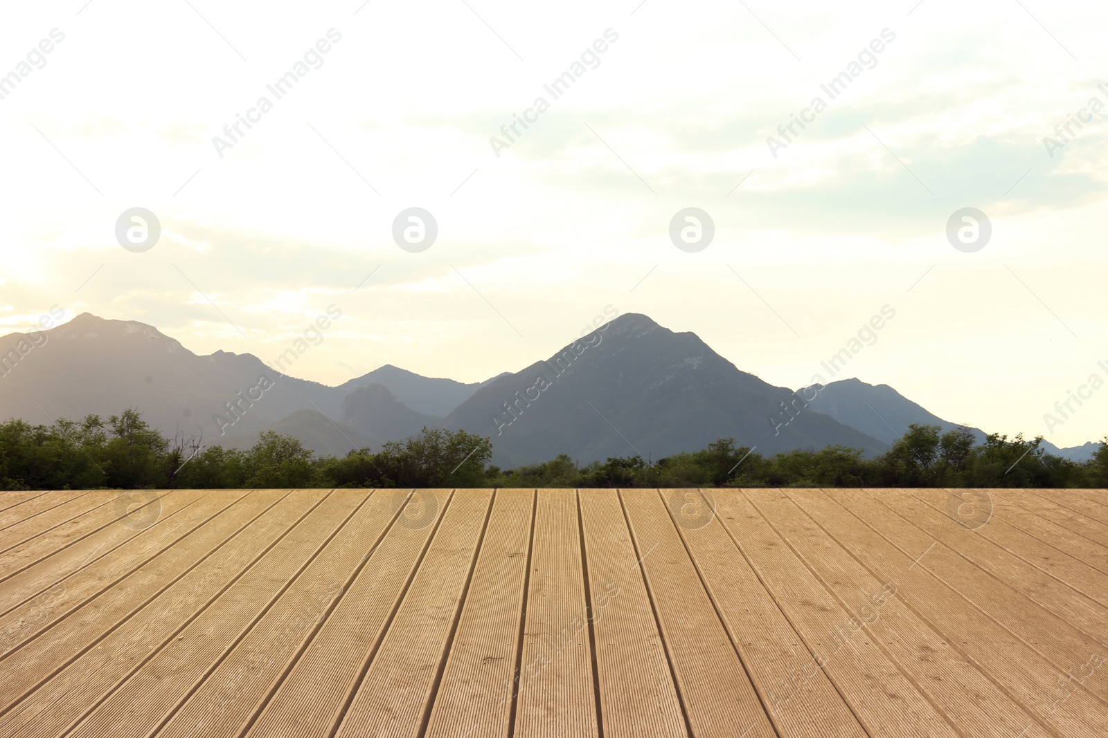 Image of Empty wooden surface and beautiful view of mountain landscape