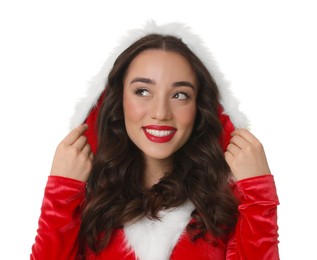 Photo of Beautiful young woman in Christmas red dress isolated on white