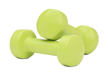 Photo of Light green dumbbells isolated on white. Sports equipment